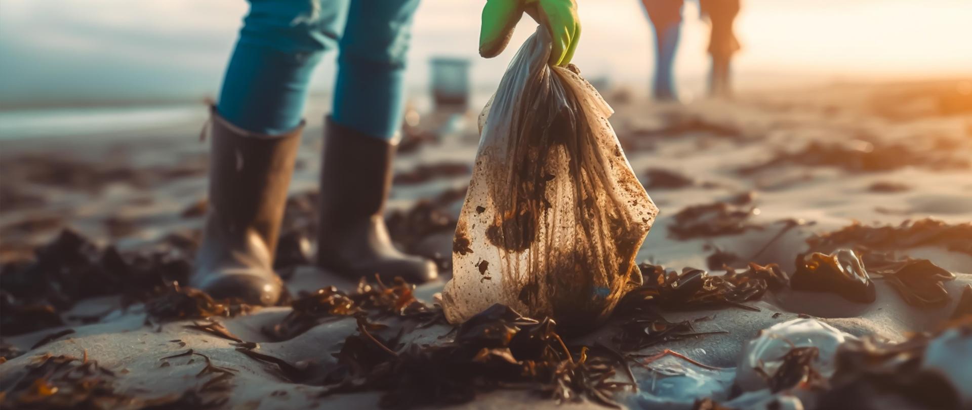 zbieranie śmieci na plaży przez wolontariusza