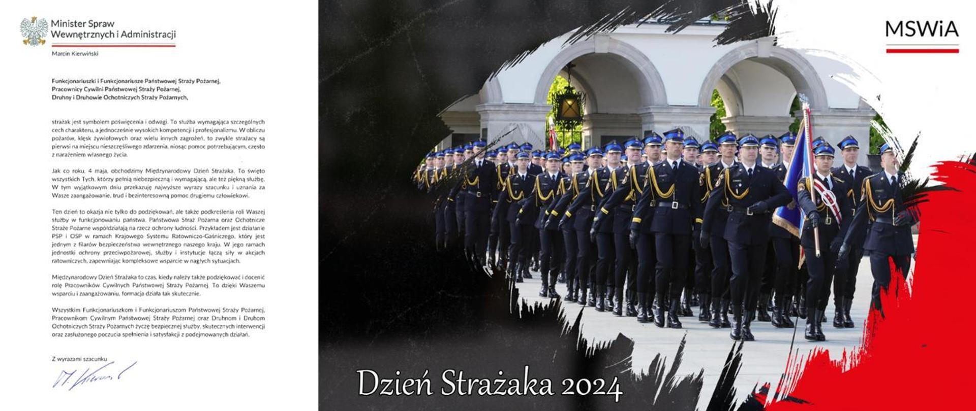Po lewej stronie obraz życzeń Ministra Spraw Wewnętrznych i Administracji, po prawej stronie strażacy maszerujący ze sztandarem przed Grobem Nieznanego Żołnierza w Warszawie. Na dole napis Dzień Strażaka 2024