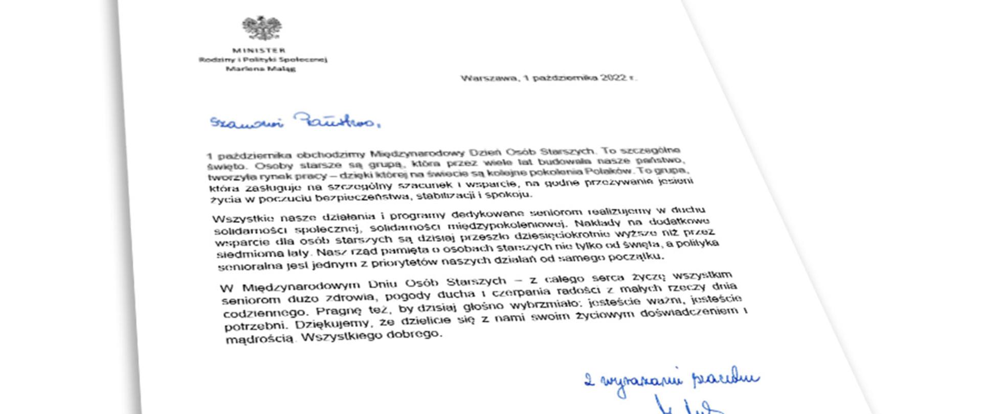 Na zdjęciu list minister Marleny Maląg do osób starszych z okazji ich święta