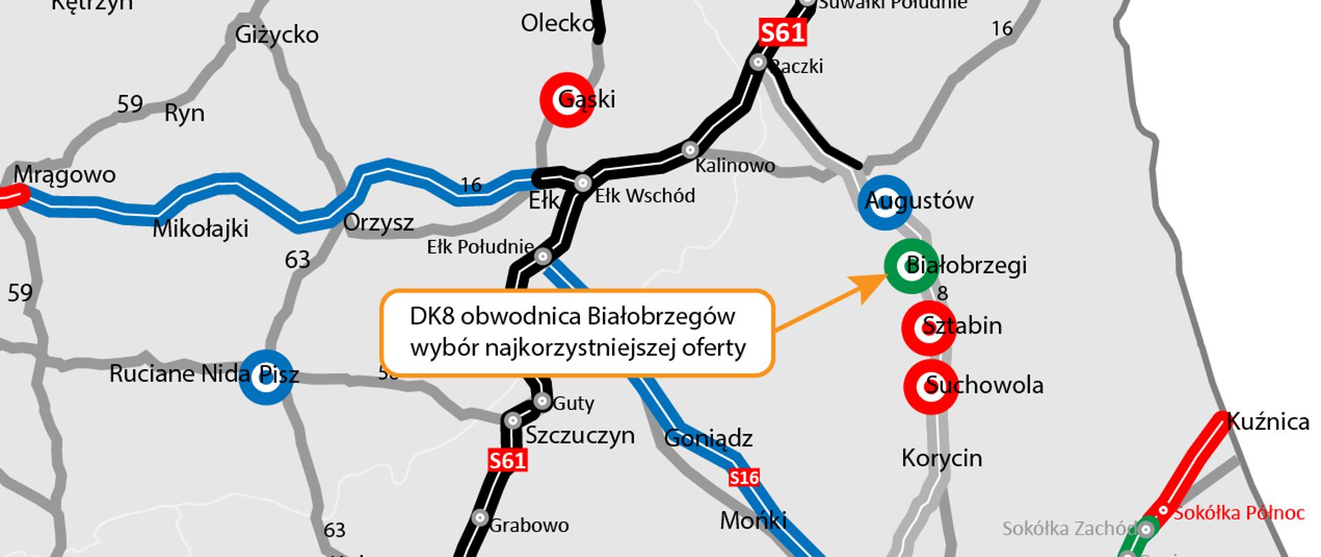 Wskazanie miejscowości Białobrzegi na drodze krajowej nr 8 w woj. podlaskim z opisem że wybraliśmy najkorzystniejsza ofertę na wykonawcę obwodnicy tejże miejscowości 