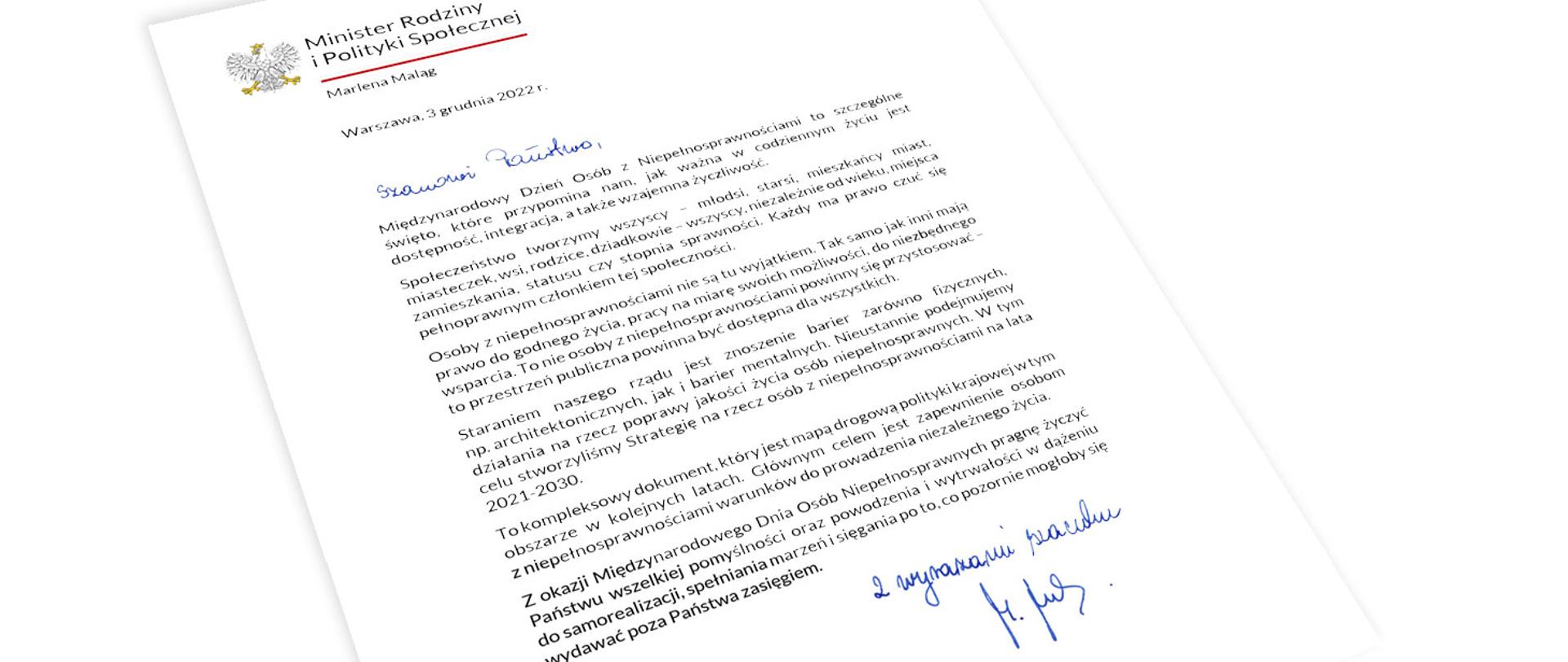 List Minister Marleny Maląg z okazji Międzynarodowego Dnia Osób z Niepełnosprawnościami