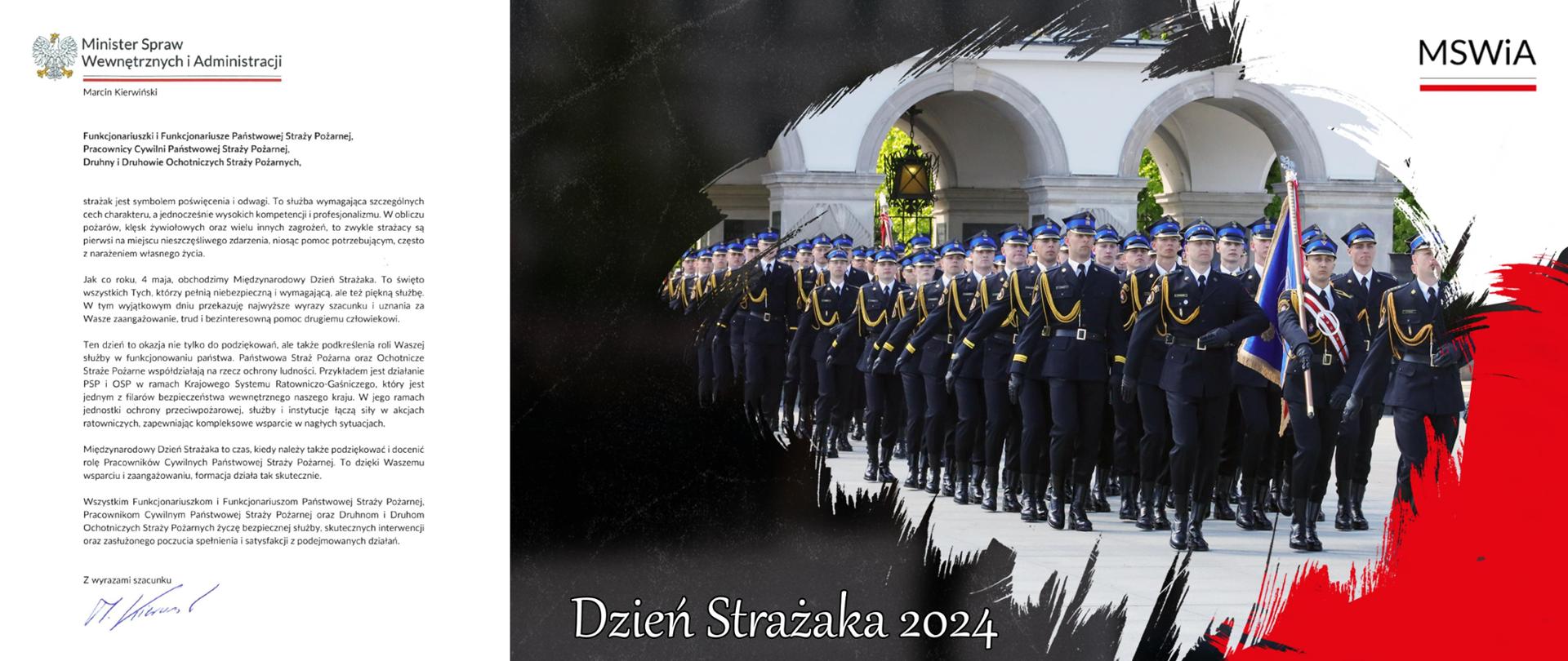 Infografika - tekst i zdjęcie - pododdział strażaków w mundurach galowych maszeruje, w dali za nimi fragment Pałacu Saskiego.
