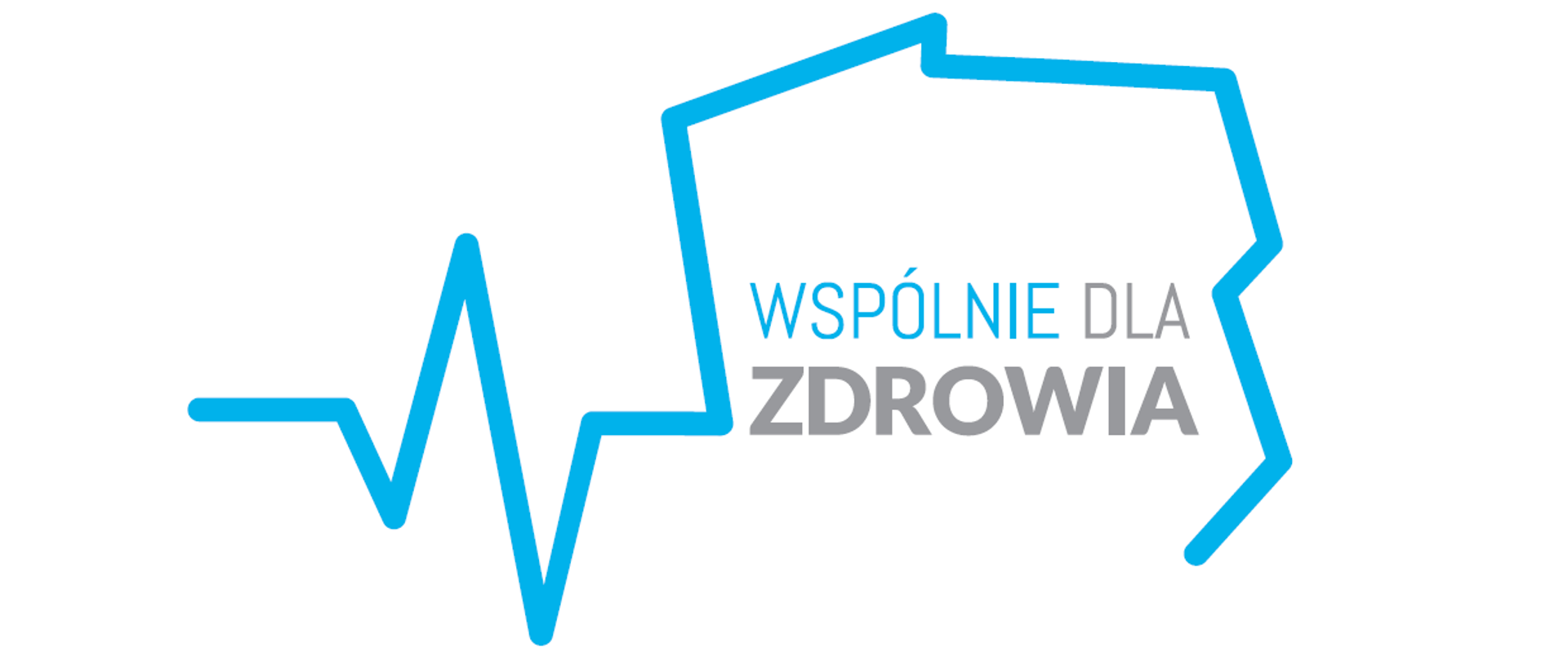 Napis "Wspólnie dla zdrowia" wpisany w niebieski kontur Polski, który przechodzi w linię kojarzącą się z krzywą elektrokardiograficzną, czyli linię która odzwierciedla pracę serca.