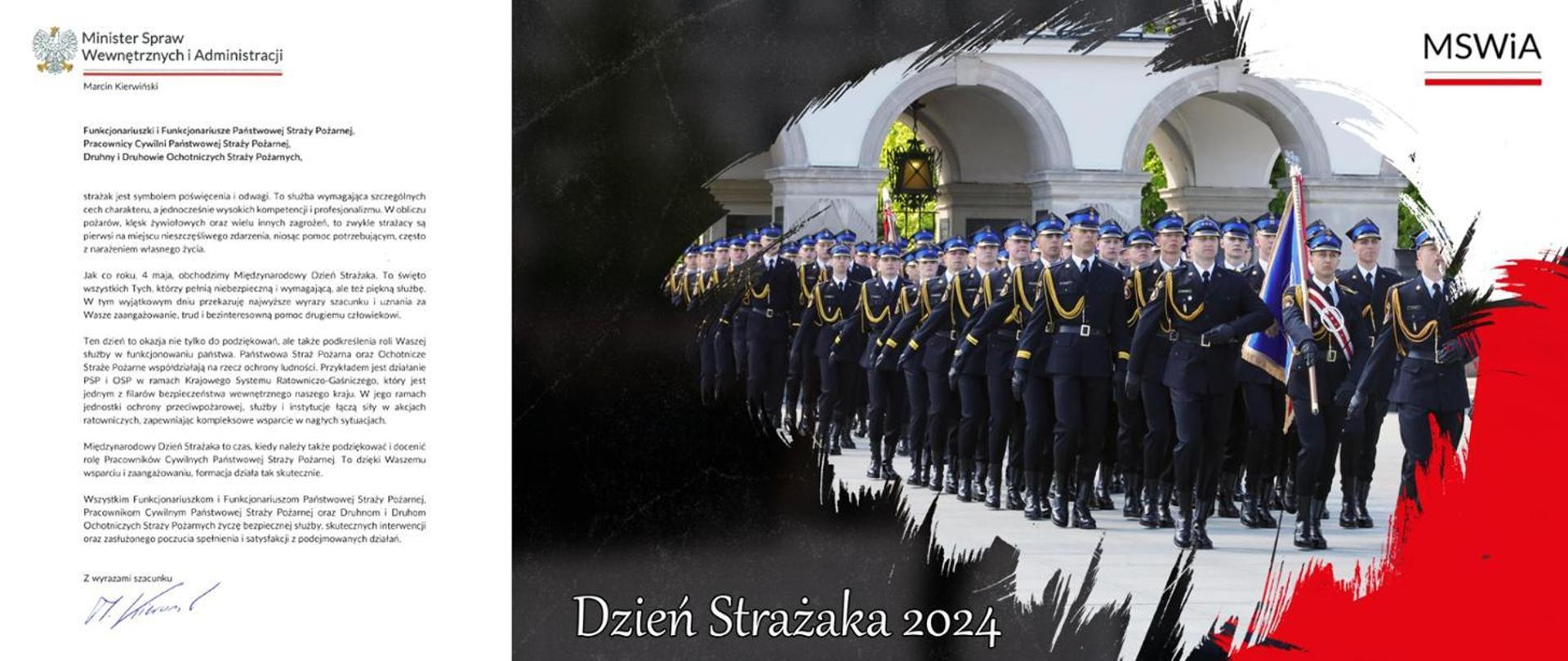 Grafika prezentująca życzenia od Ministra Spraw Wewnętrznych i Administracji z okazji Dnia Strażaka wraz z maszerującymi strażakami na tle grobu Nieznanego Żołnierza 