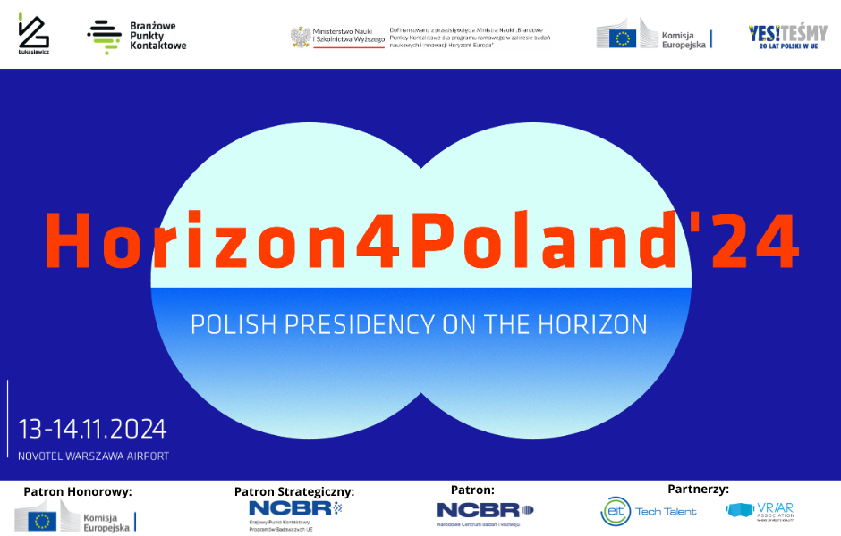 Baner - na biało-niebieskim tle napis Horizon4Poland’24 - Polish Presidency on the Horizon.