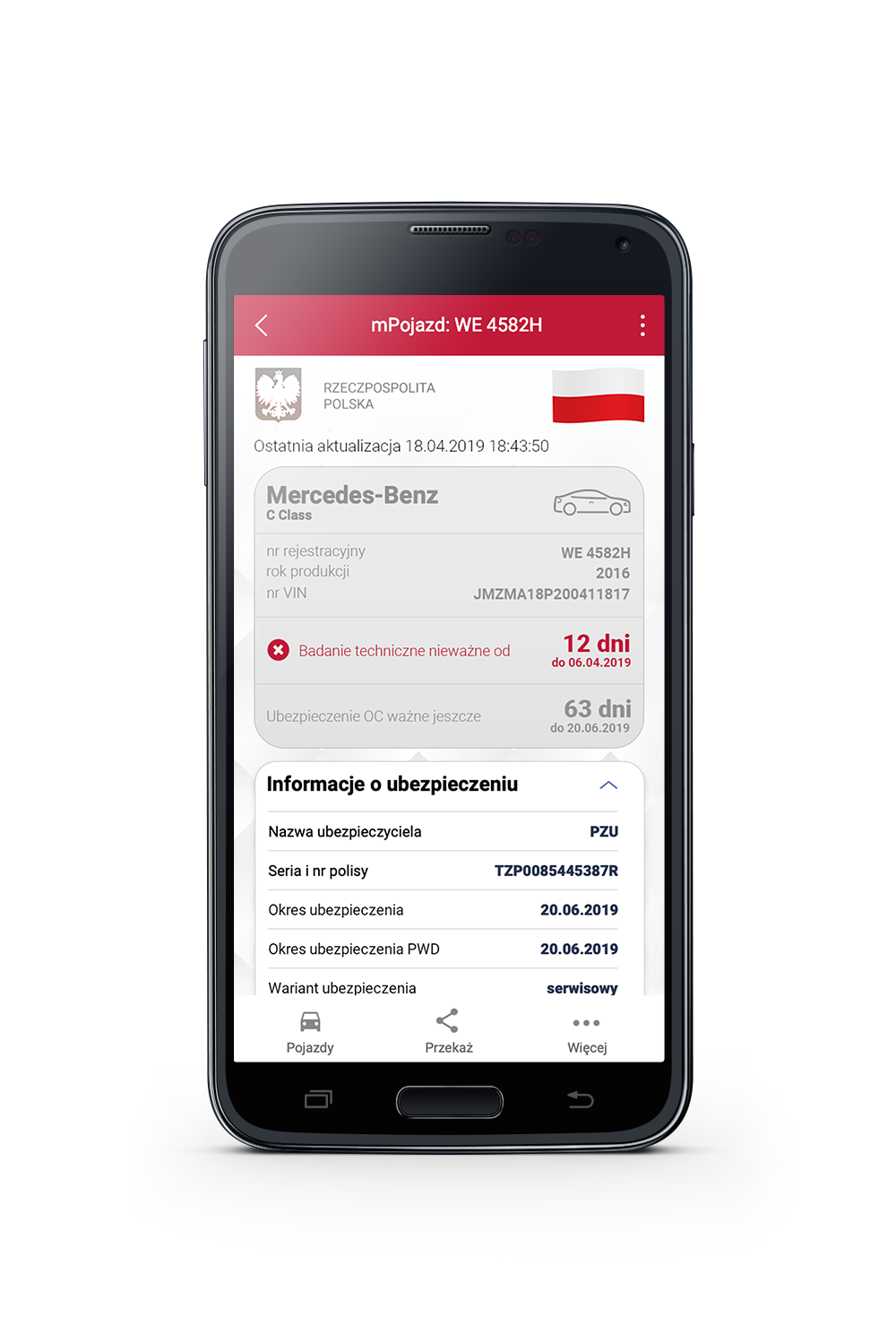 Zrzut ekranu aplikacji mObywatel - usługi mPojazd