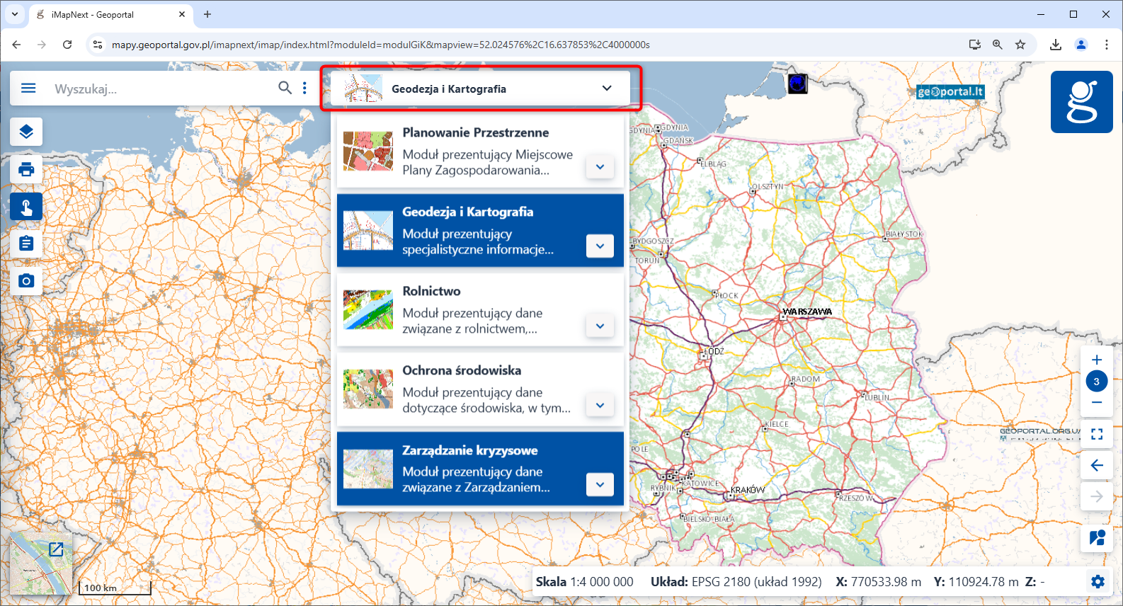 ilustracja przedstawia nowy przycisk umożliwiający przełączanie pomiędzy poszczególnymi modułami tematycznymi w serwisie www.geoportal.gov.pl