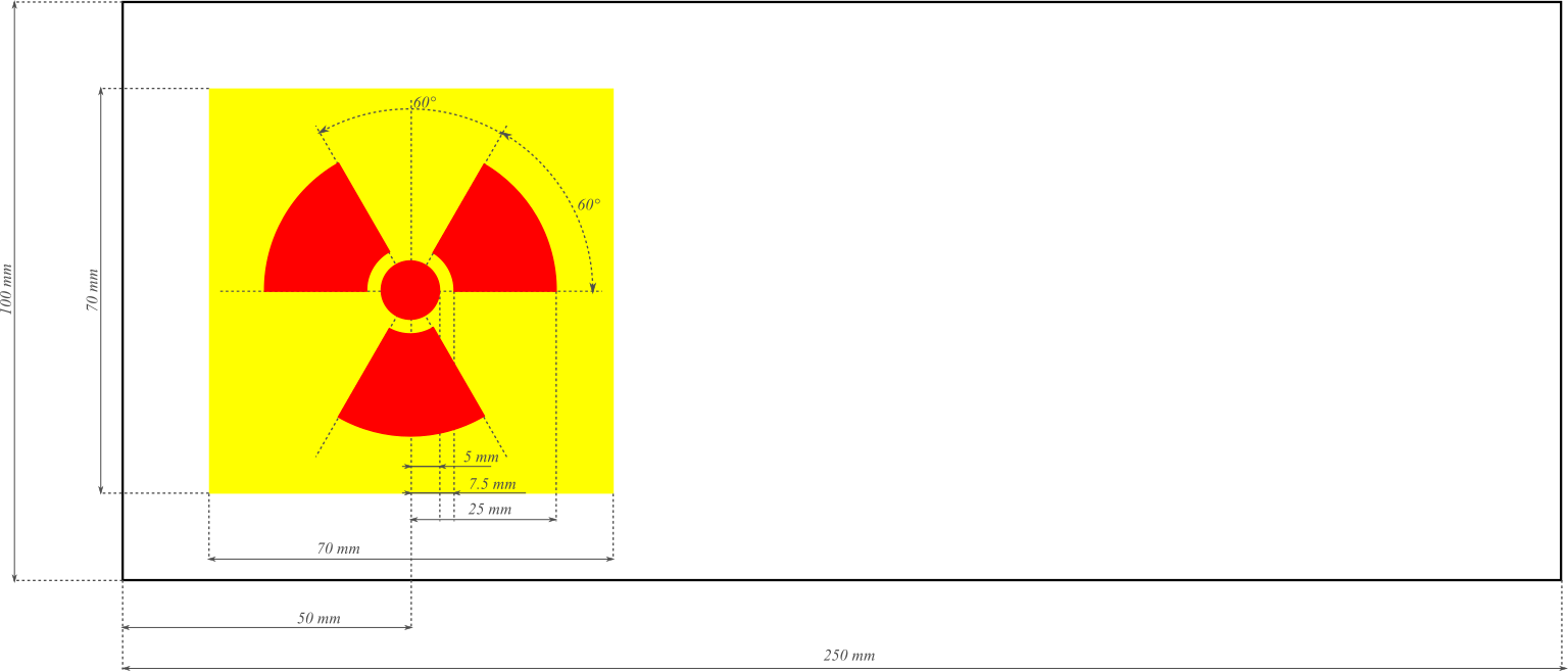 Ilustracja przedstawia wzór tablicy informacyjnej. Tablica zawiera symbol promieniowania jonizującego, tzw. koniczynkę oraz instrukcję jej opracowania. W środku znajduje się koło o promieniu 5 mm, a wokół niego umieszczone są trzy wycinki pierścienia o średnicy wewnętrznej 7,5 mmi zewnętrznej 25 mm. Każdy z wycinków obejmuje kąt 60 stopni, kąt między wycinkami również wynosi 60 stopni. Symbol w kolorze czerwonym umieszczony jest w kwadratowym, żółtym polu o boku 70 mm. Pole umieszczone jest w białym prostokącie o wymiarach 250 na 100 mm w taki sposób, że środek żółtego kwadratu znajduje się w odległości 50 mm od krawędzi białego prostokąta.
