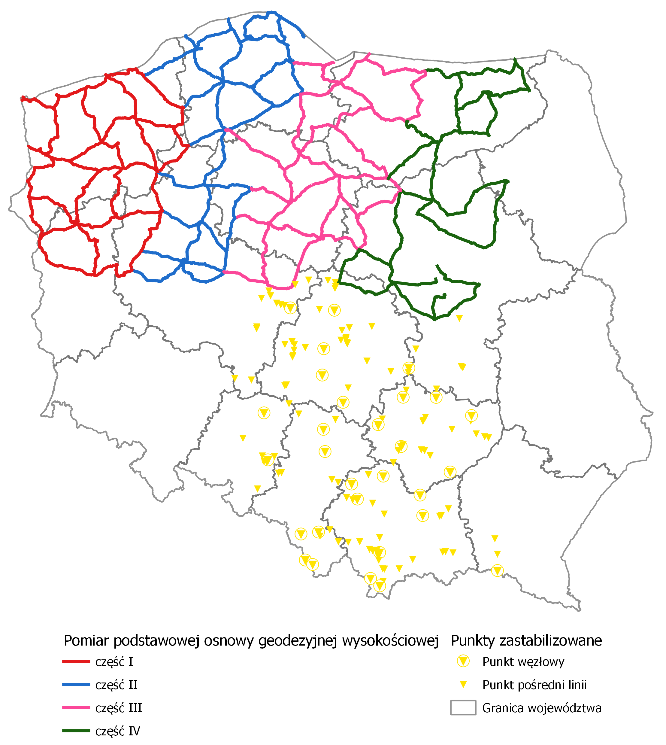 Ilustracja przedstawia zakres prac wykonanych na podstawowej osnowie geodezyjnej wysokościowej