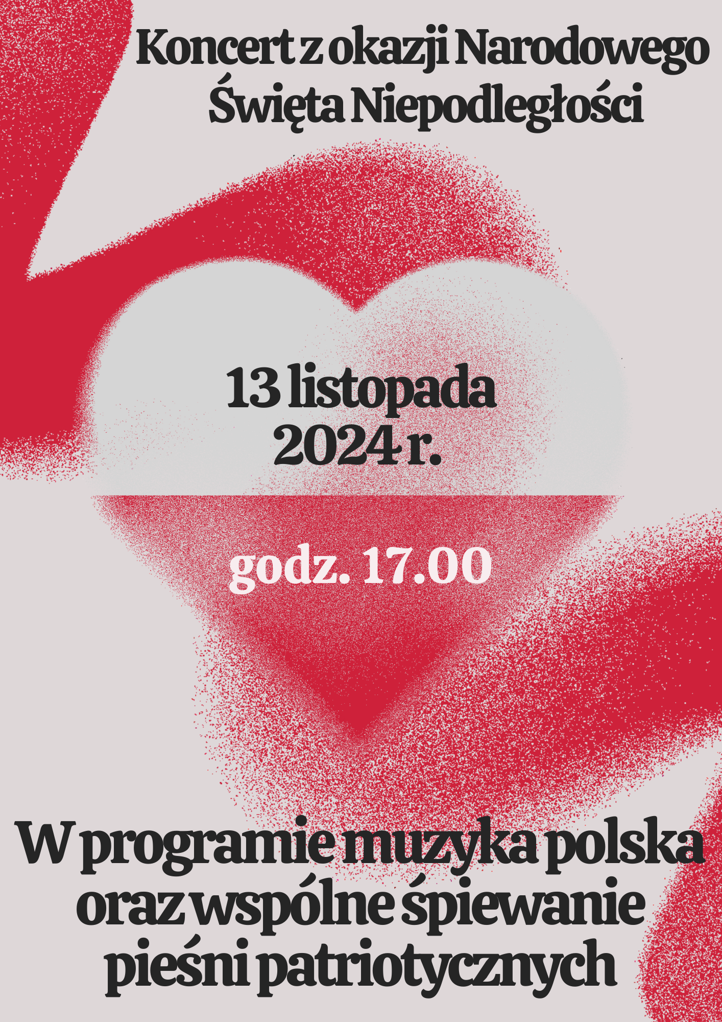 Plakat koncertu w biało-czerwonych barwach z grafiką serca na środku i szczegółami koncertu