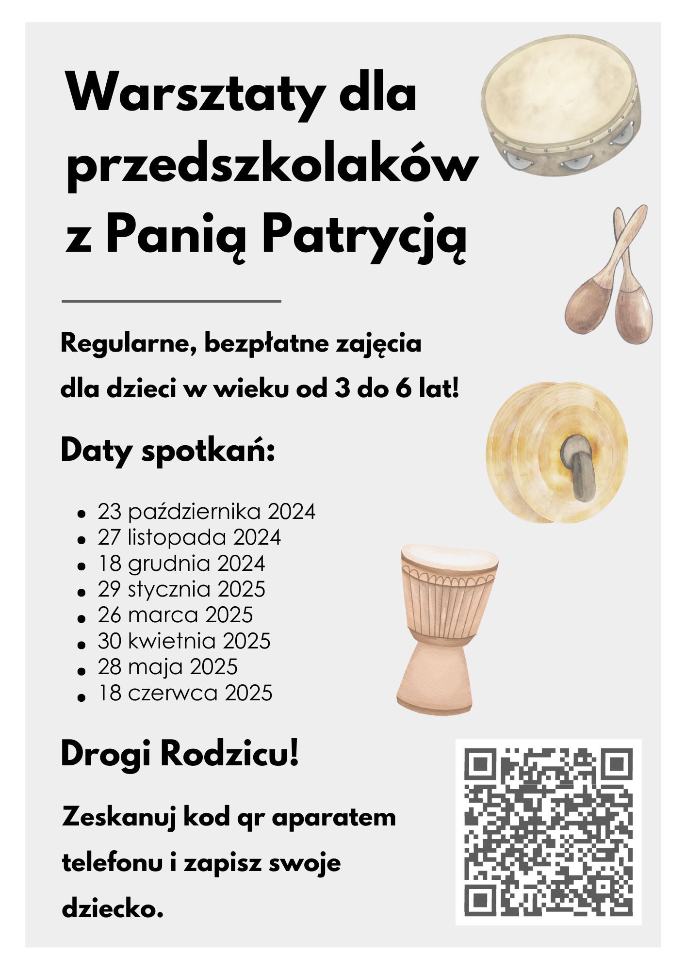 plakat na jasnym tle, na środku informacje o warsztatów, ikony instrumentów.