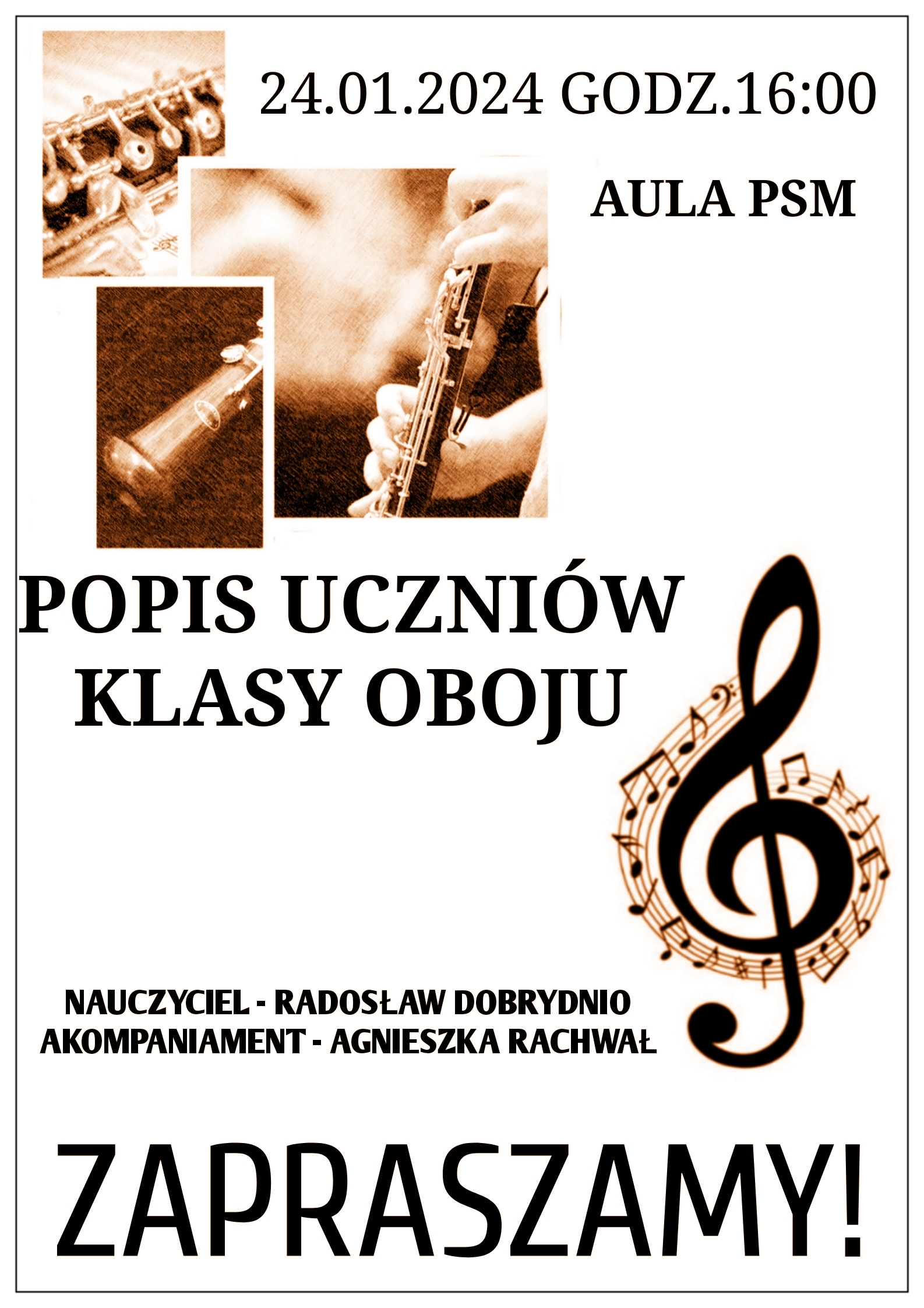 plakat na białym tle zawiera od góry trzy zdjęcia instrumentu, po prawej klucz wiolinowy z nutkami wokół, poniżej informacje o wydarzeniu