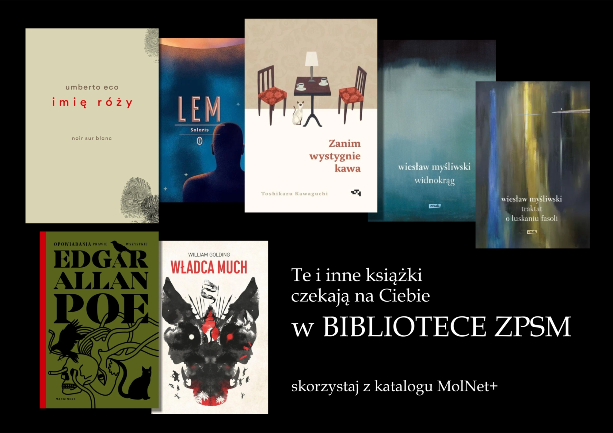 Grafika przedstawia okładki lektur szkolnych dla LO i prezentuje napis: te i inne książki czekają na ciebie w bibliotece ZPSM. Skorzystaj z katalogu MolNet+