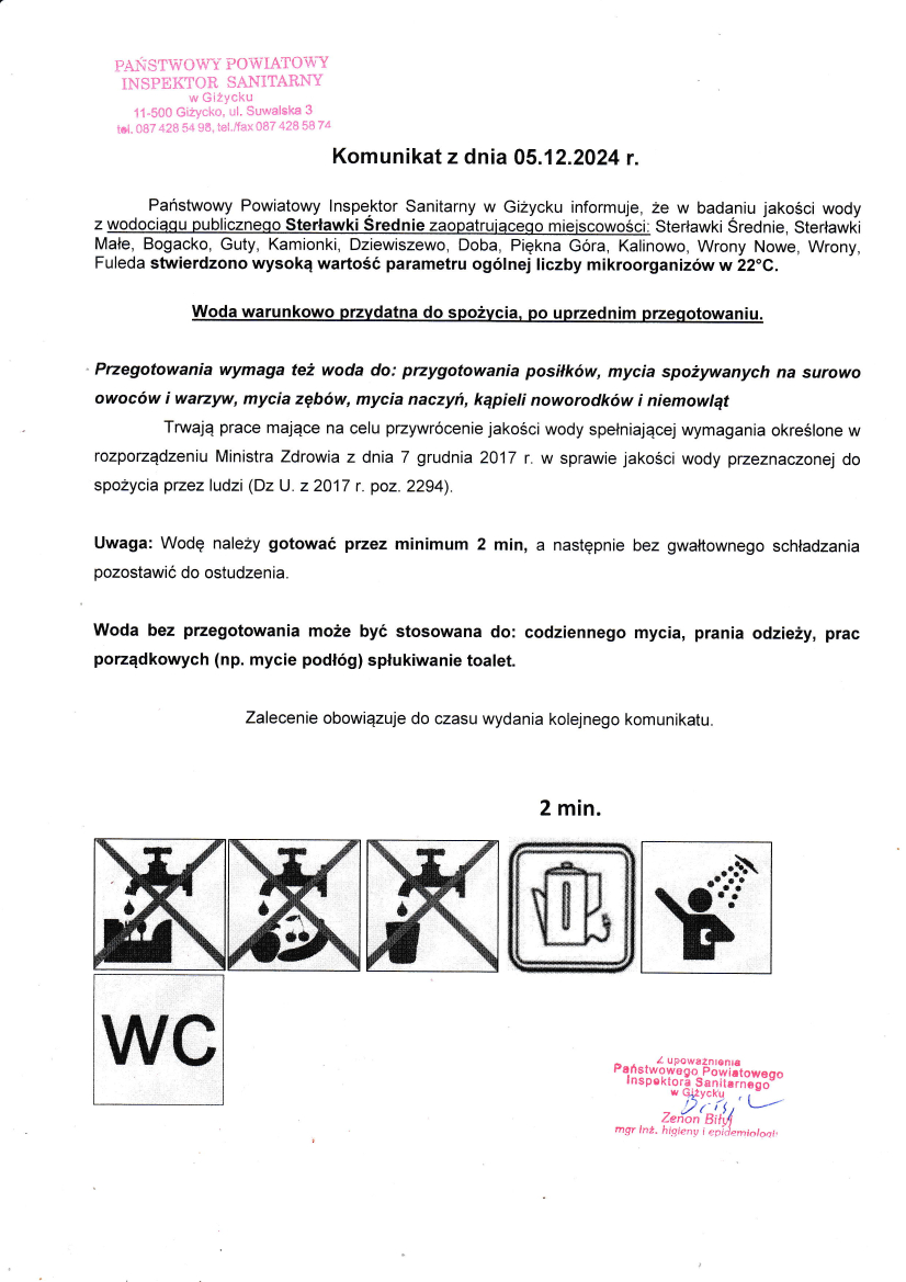 Komunikat z dnia 05.12.2024 r. dot. wodociągu publicznego Sterławki Średnie 