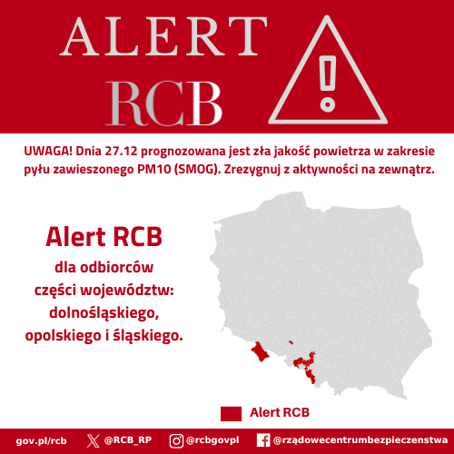 Alert RCB – zła jakość powietrza - 27 grudnia 2024 r. Kolorem czerwonym zaznaczony jest obszar alarmowania. 