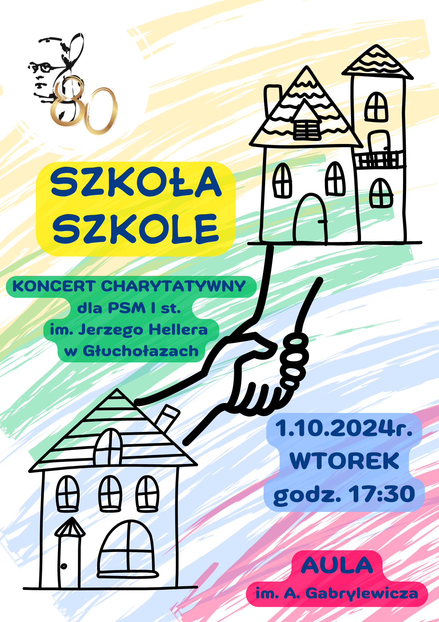 Plakat jasne tło. Cztery kolory poprzecznych mazów pędzlem kremowy zielonkawy niebieski oraz różowy jako tło. W lewym górnym rogu logo szkoły im Fitelberga w Chorzowie według ustalonego znaku przeciwległych rogach plakatu kreską rysowane dwa budynki z każdego z nich wychodzi ręka centralnie uścisk dłoni napis na żółtym tle szkoła szkole koncert charytatywny dla PSM 1 stopnia im Jerzego Hellera w Głuchołazach 1 października 2024 wtorek godzina 17:30 Aula im Gabrylewicza