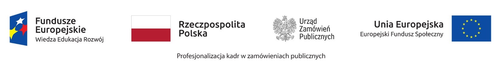 Logotypy: Fundusze Europejskie Wiedza Edukacja Rozwój; Rzeczpospolita Polska flaga Polski; Urząd Zamówień Publicznych logotyp orła w koronie; Unia Europejska Europejski Fundusz Społeczny flaga UE