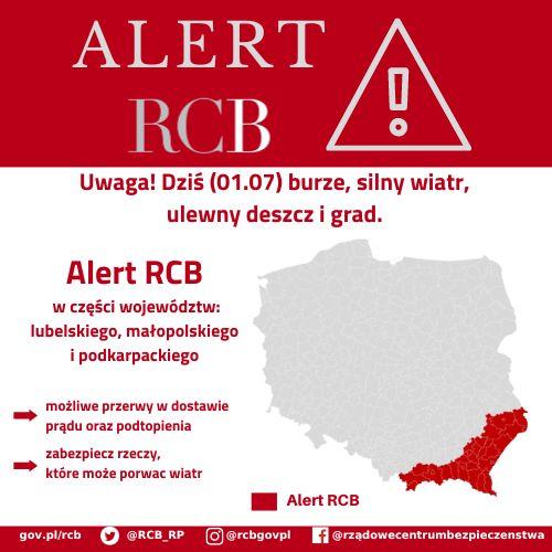 Alert RCB 1 lipca – kolorem czerwonym zaznaczony jest obszar alarmowania.