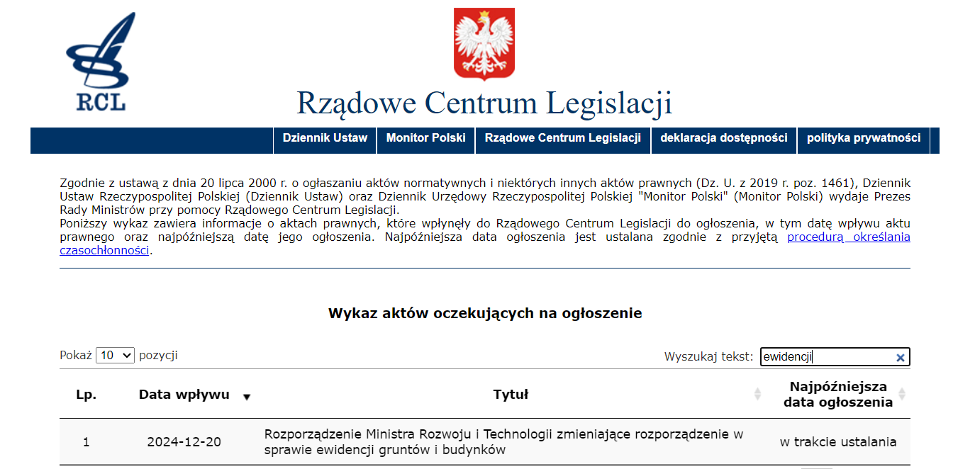 Zrzut ekranu ze strony Rządowego Centrum Legislacji