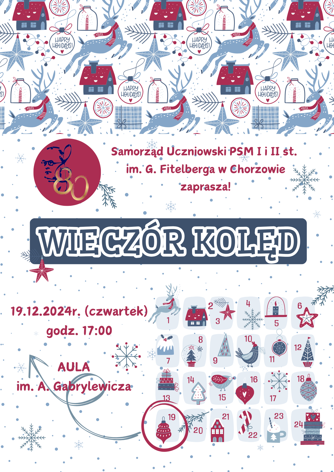 świąteczne akcenty graficzne w tle i napis Samorząd uczniowskie zaprasza na wieczór kolęd 19.12.2024 czwartek godz. 17.00 w Auli