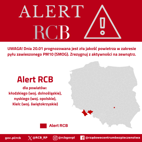 Alert RCB – smog 20 stycznia. Kolorem czerwonym zaznaczony jest obszar alarmowania.