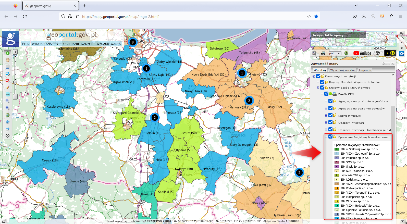 Ilustracja przedstawia fragment mapy z rozmieszczeniem SIM w serwisie www.geoportal.gov.pl