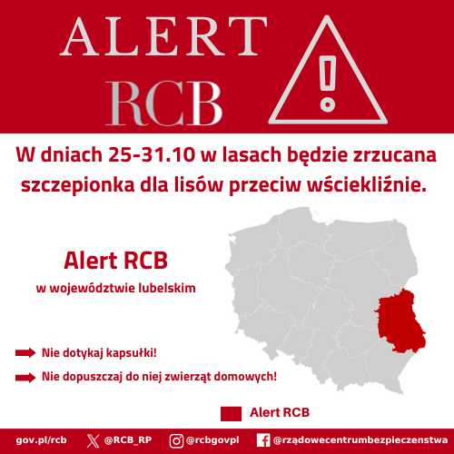 Alert RCB, szczepienie lisów. Kolorem czerwonym zaznaczony jest obszar alarmowania.