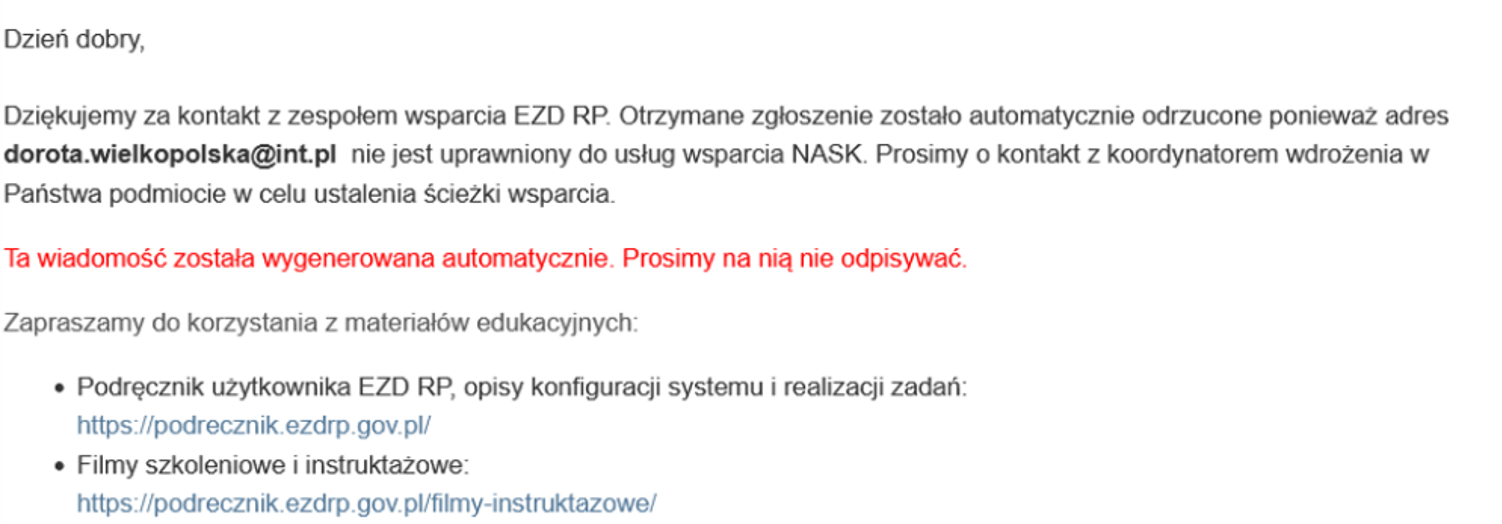 Treść automatycznej wiadomości informującej o odrzuceniu e-maila otrzymanego z nieuprawnionego adresu.