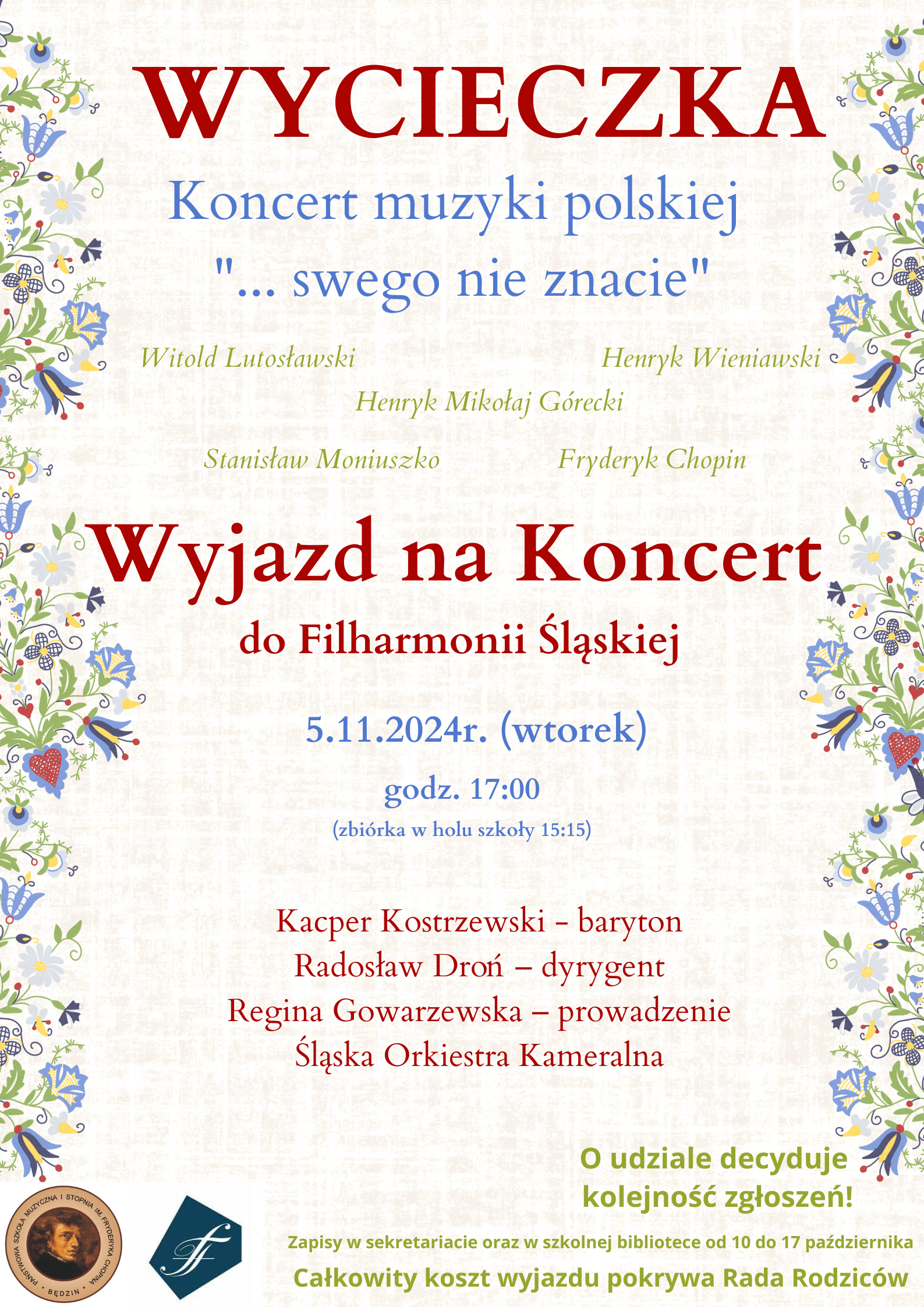 plakat na jasnym tle, na środku opis wydarzenia, wokół ramka z kwiatów, na dole logotypy szkoły i filharmonii