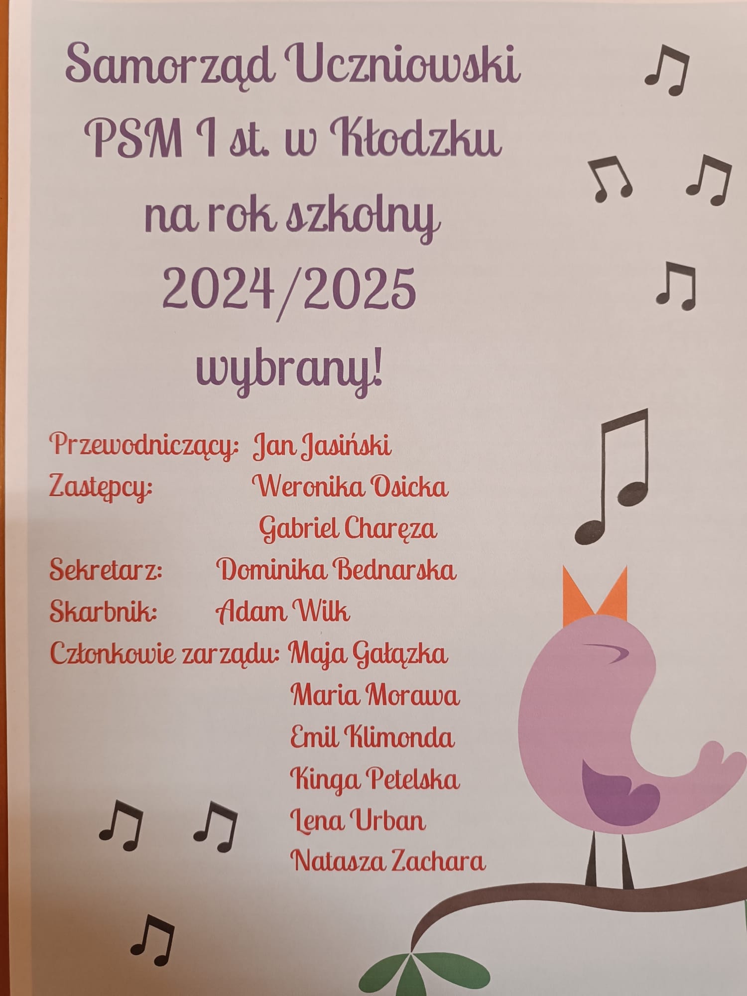 Plakat na kolorowym tle z wynikami wyborów do samorządu uczniowskiego w PSM I st. w Kłodzku na rok szkolny 2024/2025