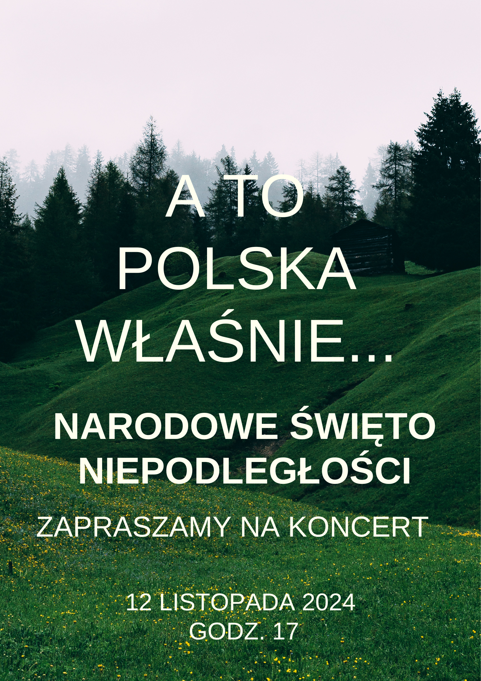 Na tle łąki z drzewami tekst w kolorze białym "A to Polska właśnie, Narodowe Święto Niepodległości, zapraszamy na koncert, 12 listopada 2024, godzina 17".