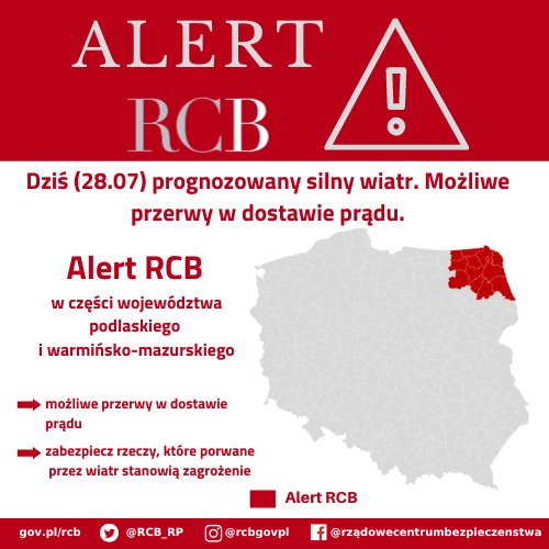 Alert RCB silny wiatr - 28 lipca.