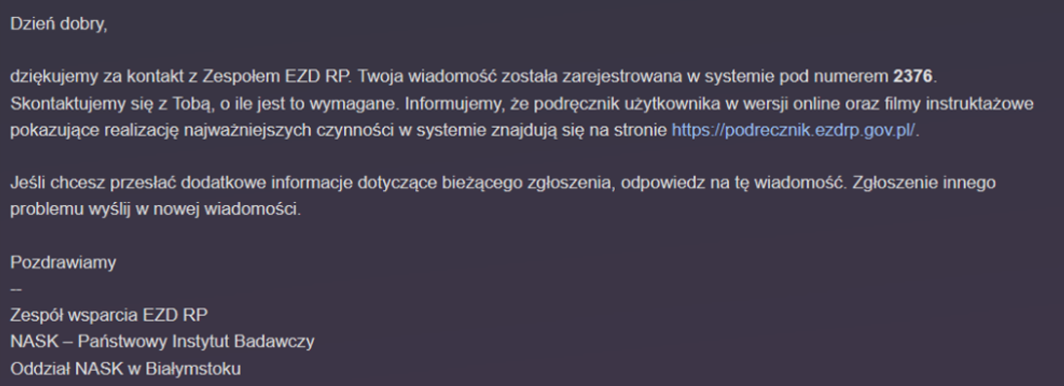 Treść wysyłanej do użytkowników wiadomości z informacją o nadaniu numeru zgłoszenia.