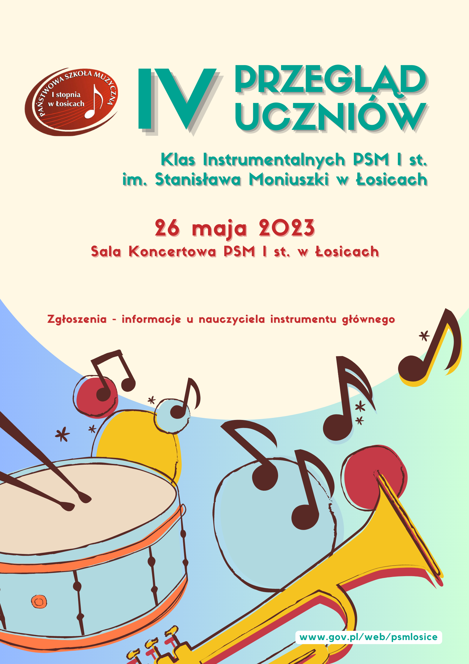 Plakat IV Przeglądu Uczniów Klas Instrumentalnych PSM I st. im. Stanisława Moniuszki w Łosicach