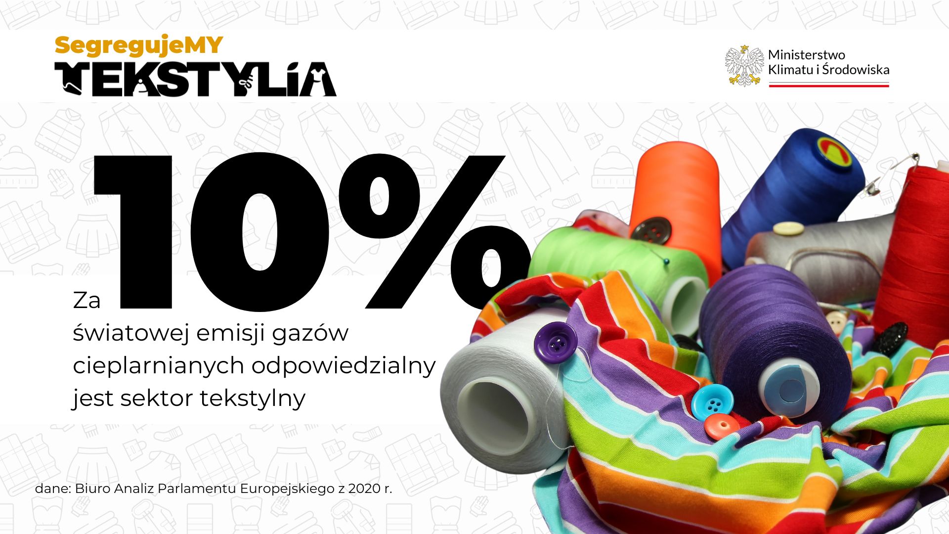 Infografika ze zdjęciem szpulek i tekstem: sektor tekstylny odpowiada za 10% emisji gazów cieplarnianych