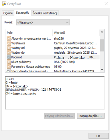 Widok szczegółów Certyfikatu ze wskazaniem pola Podmiot, gdzie znajduje się numer seryjny certyfikatu