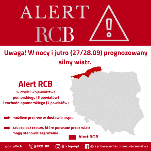 Alert RCB 27 września_silny wiatr. Kolorem czerwonym zaznaczony jest obszar alarmowania.