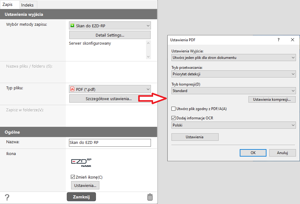 Ustawienia dla dokumentów skanowanych bezpośrednio do EZD RP.