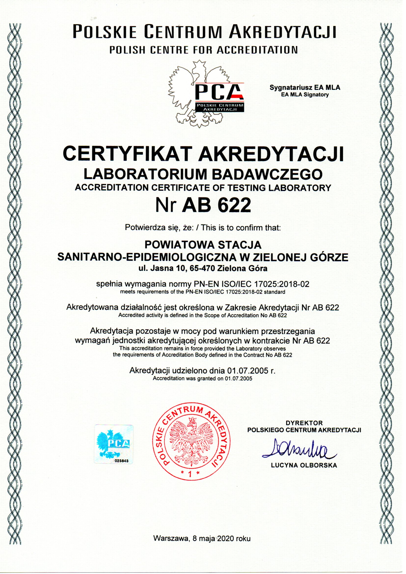 Certyfikat Akredytacji Laboratorium Badawczego Nr AB 622 