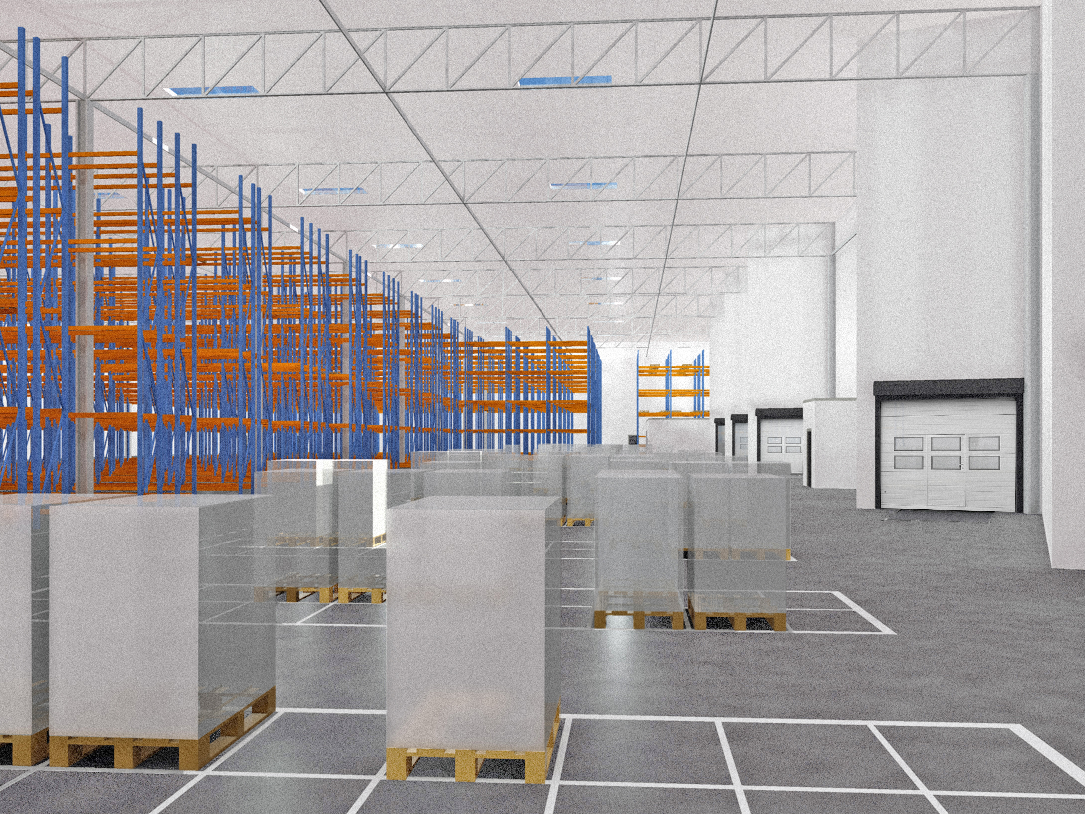 Object visualization. Computerized layout of the warehouse, with visible racks and shelves, as well as gray cuboid-shaped loads placed on wooden pallets