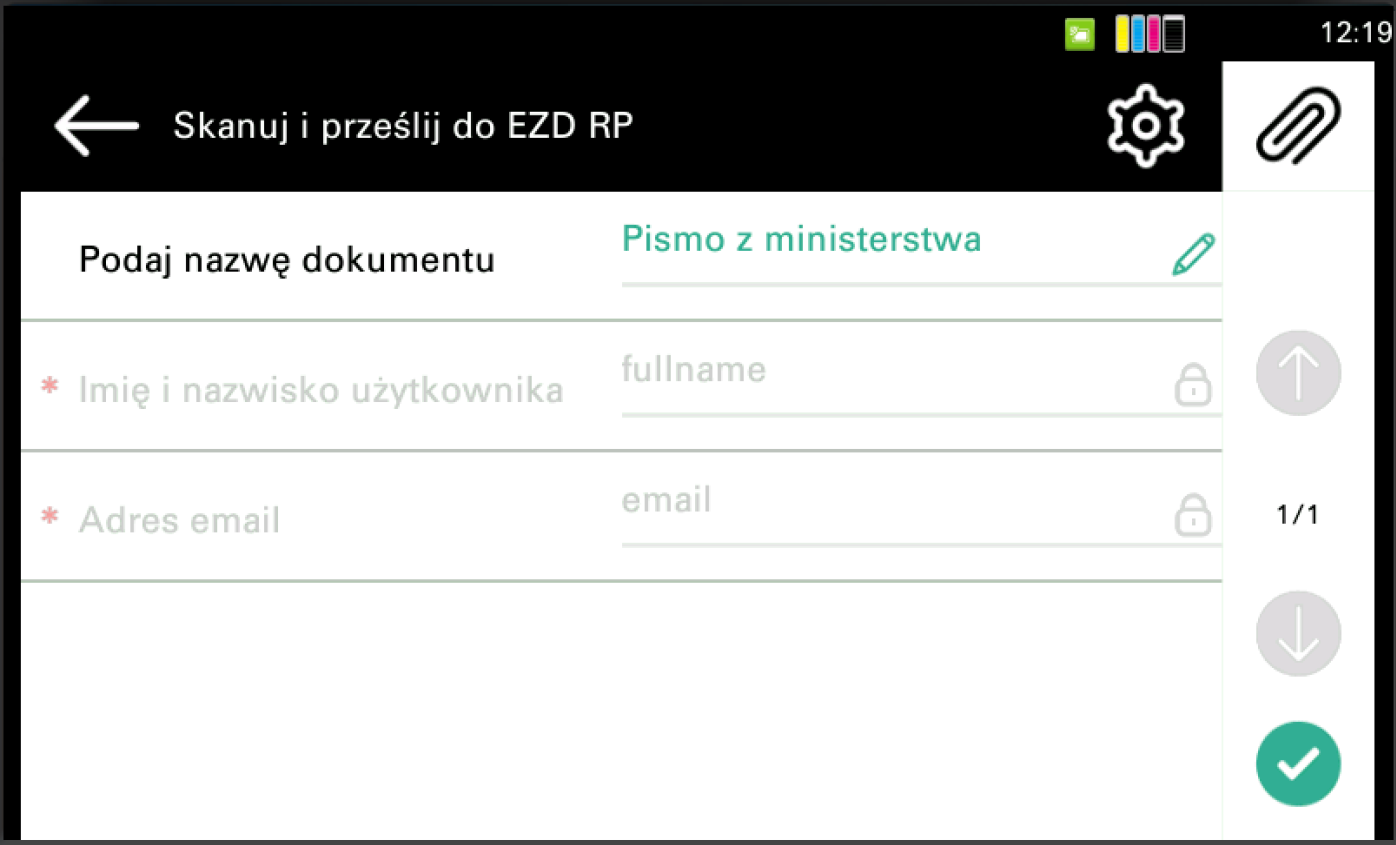 Widok zaawansowanych opcji skanowania dokumentu umożliwiających wysyłkę plików na wskazany adres e-mail lub do zasobu chmurowego/sieciowego.