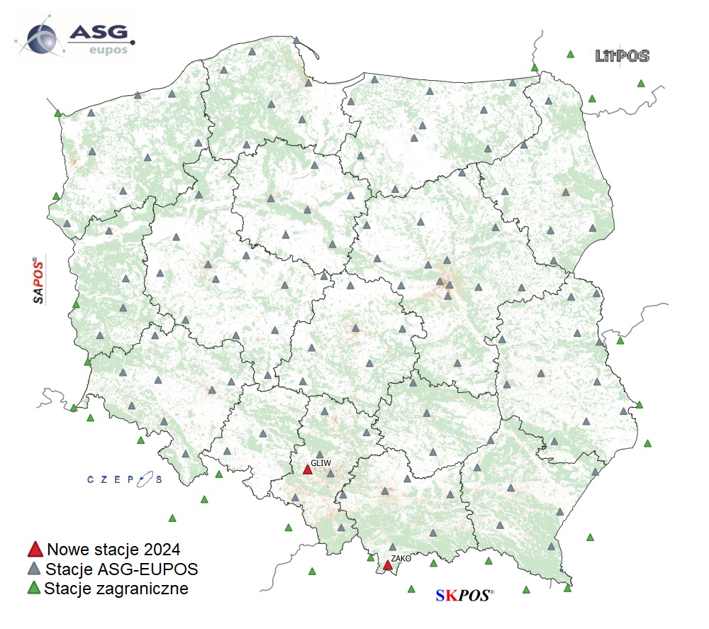 Mapa przedstawiająca rozmieszczenie nowych stacji ASG-EUPOS