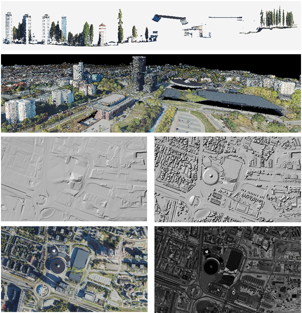 Ilustracja przedstawia dane fotogrametryczne, zrzuty z przekroju chmury punktów, zrzut numerycznego modelu terenu, zrzut numerycznego modelu pokrycia terenu, zrzut ortofotomapy, zrzut obrazów intensywności