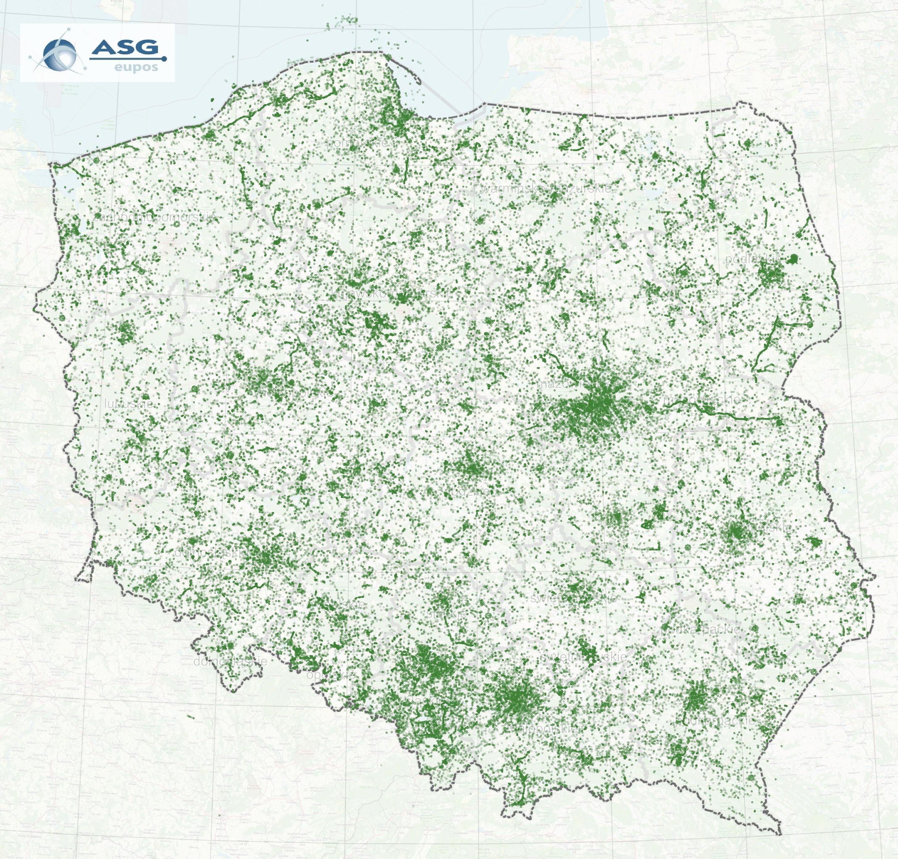 Lokalizacje użytkowników wykorzystujących ASG-EUPOS w maju 2024 roku