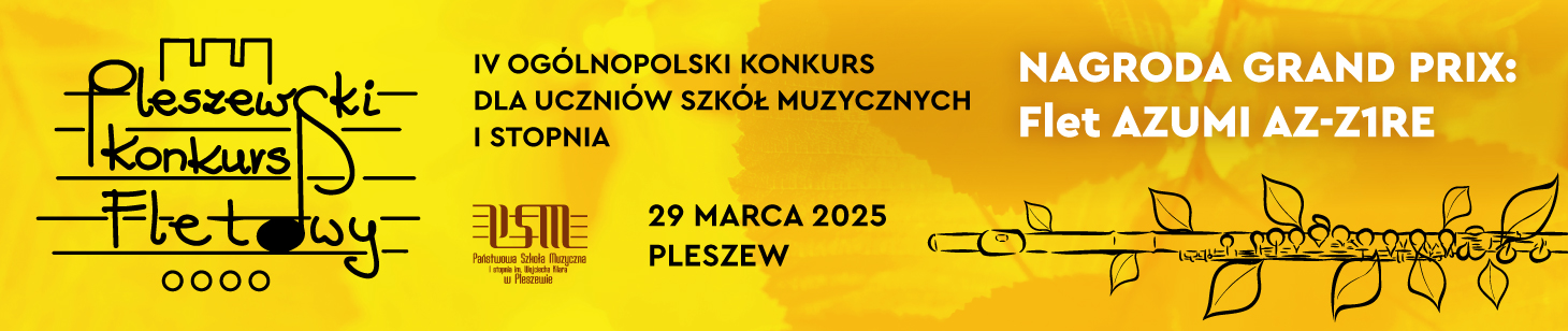 Żółte tło banneru. Od lewej strony czarne logo Pleszewskiego Konkursu Fletowego. Na środku czarny drukowany napis 