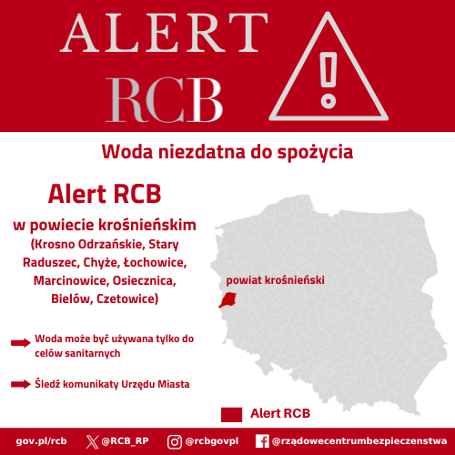 Alert RCB – mapka przedstawia obszar kraju (zaznaczony na czerwono), na który wysłano powiadomienie o zagrożeniu.