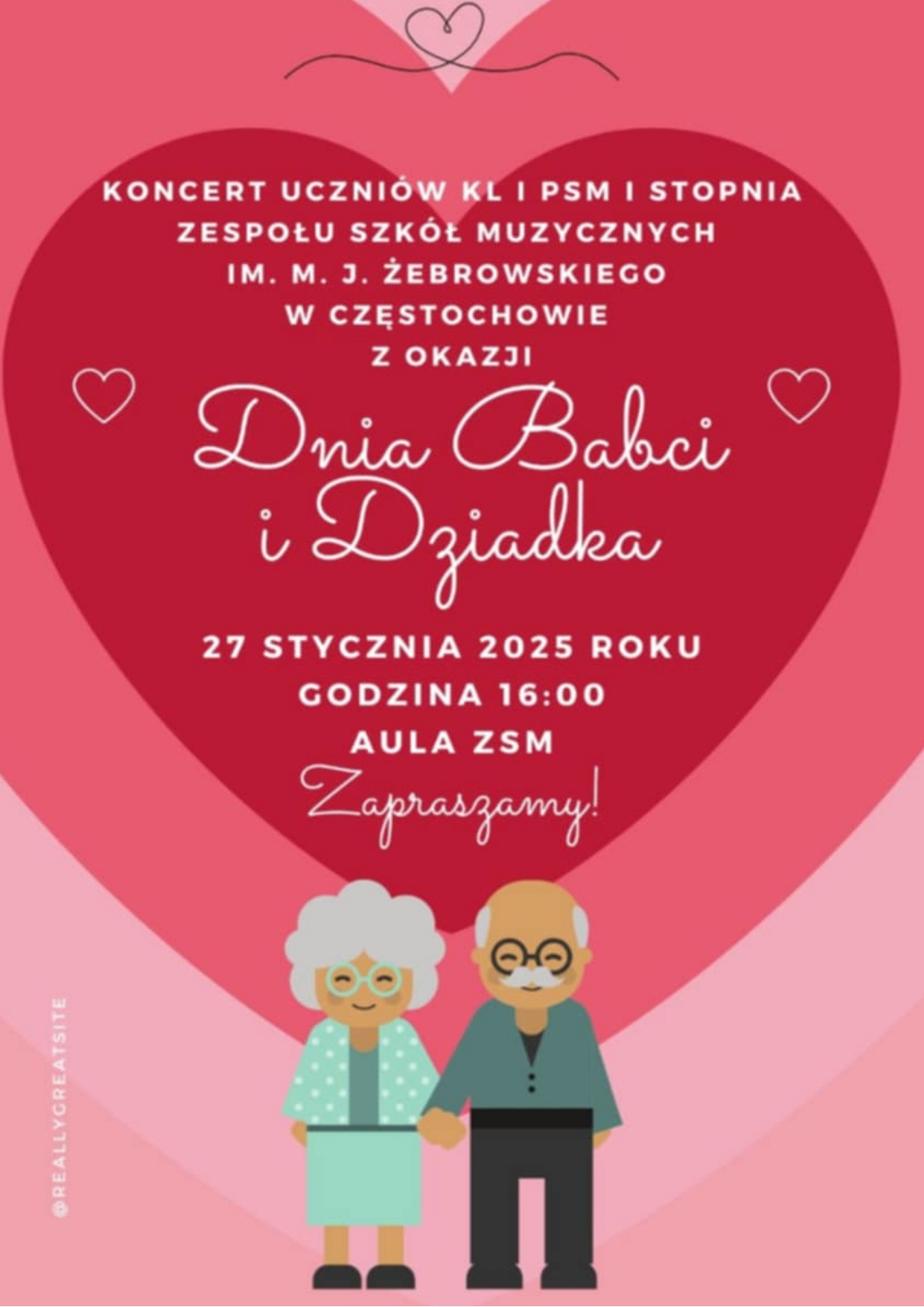 Różowe tło z sercami, grafika przedstawiająca babcię i dziadka, tekst informujący o koncercie 27 stycznia z okazji dnia babci i dziadka