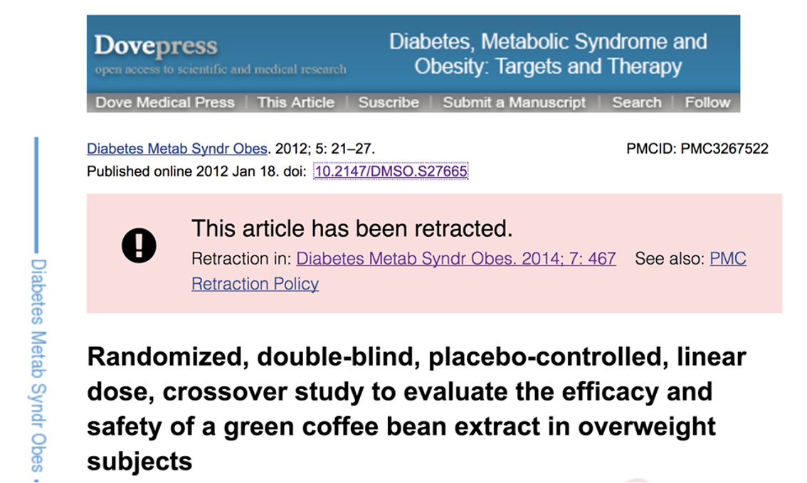 Zrzut ekranu z serwisu PubMed przedstawia sposób oznaczania wycofanych z serwisu publikacji - komunikat Ten artykuł został wycofany.