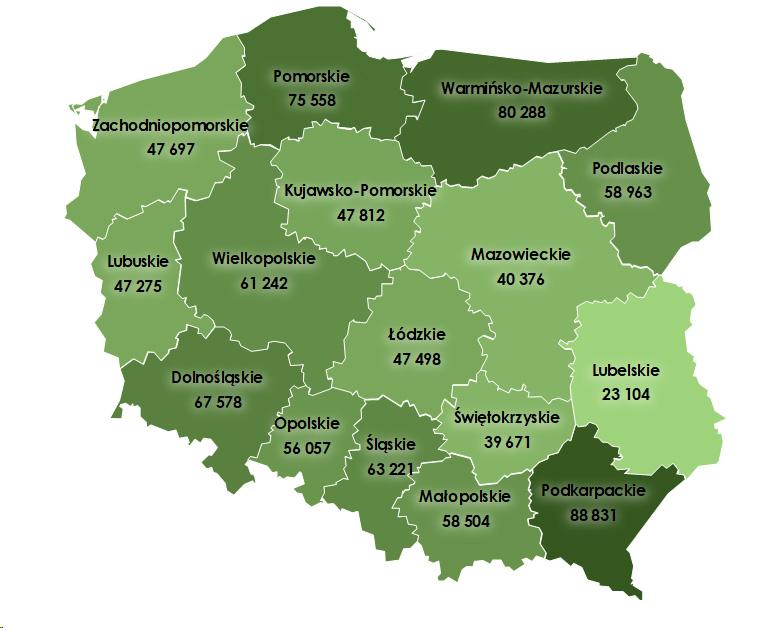 Rys. 4. Średnie ceny sprzedaży gruntów rolnych z Zasobu WRSP w I półroczu 2024 r. wg województw (w zł/ha) – średnia ogólnopolska – 50 268 zł/ha