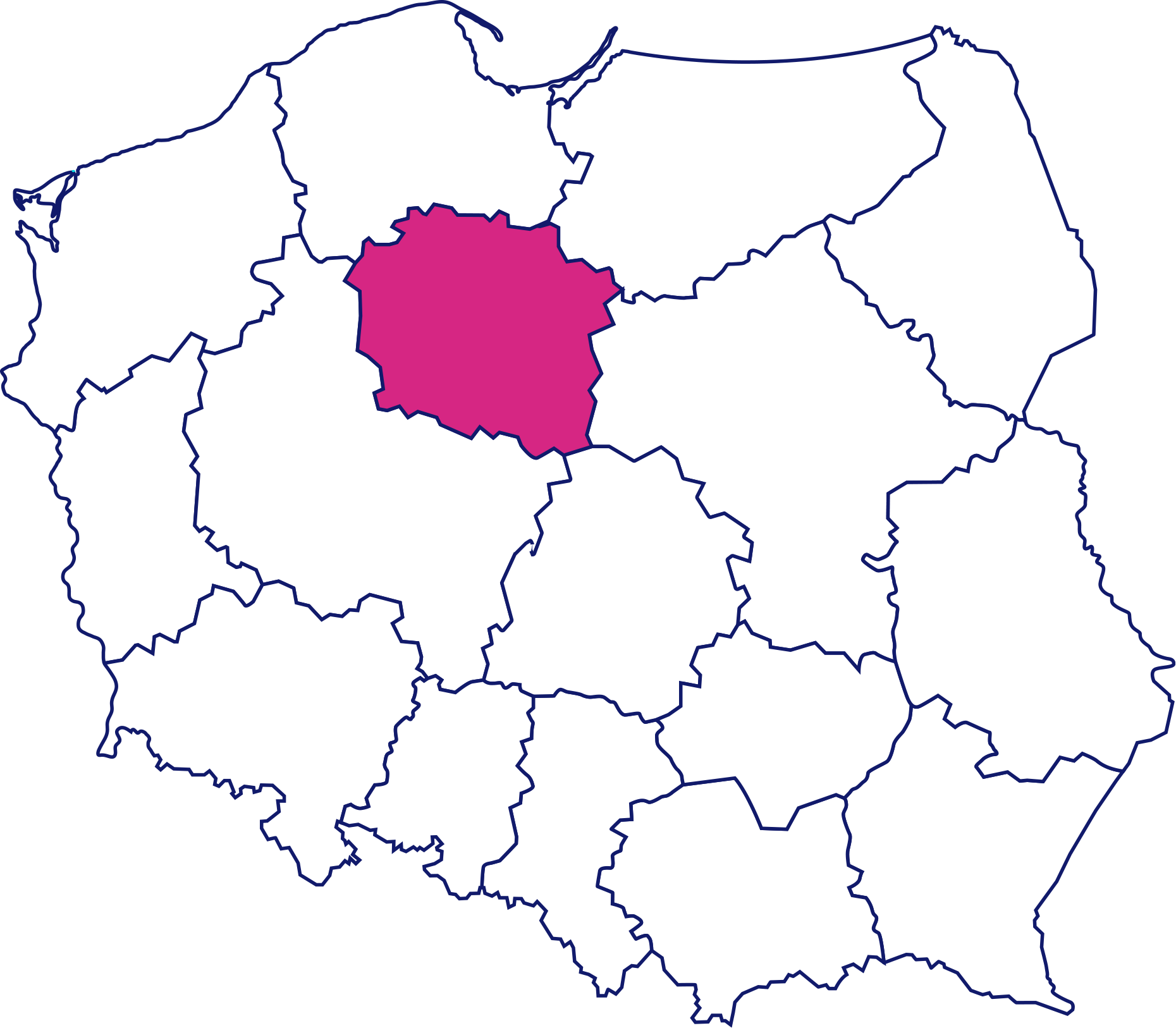 Mapa Polski z zaznaczonym na różowo województwem kujawsko-pomorskim